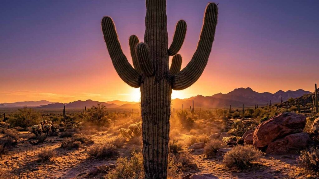 Aprenda a descrever cacto saguaro no prompt para luz perfeita de pôr do sol