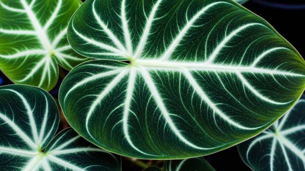 Como descrever philodendron gloriosum saindo de caixote de madeira rústica em armazém