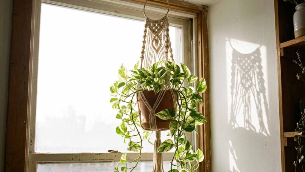 Guia de prompt para plantas suspensas em macramê com fundo branco perfeito