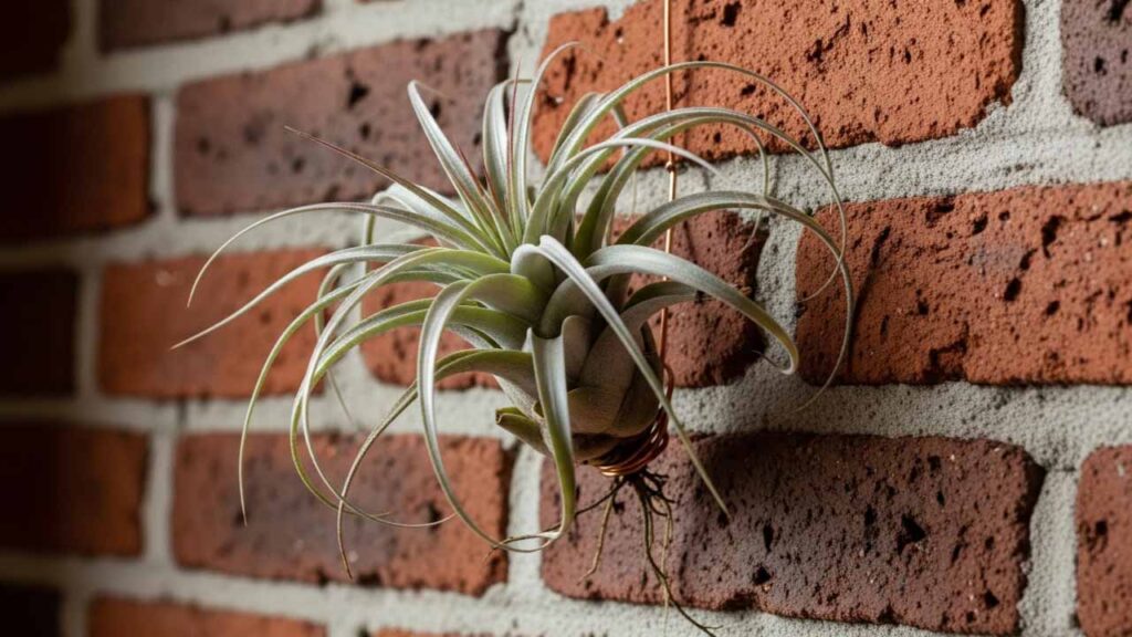 Palavras certas para recriar tillandsia colada em parede de tijolo aparente com IA