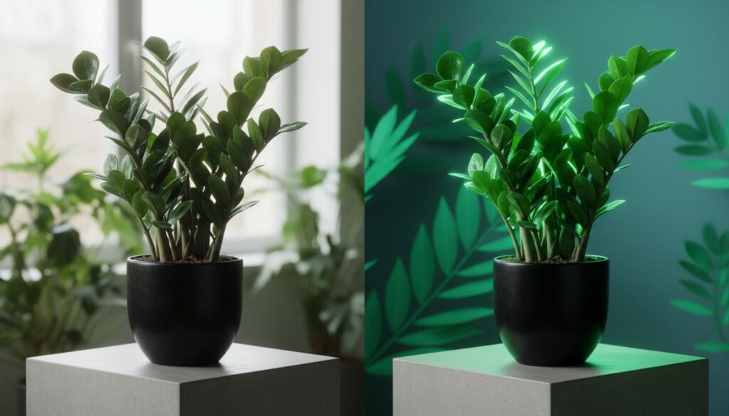 Diferença visual entre uma Zamioculcas zamiifolia real e uma gerada artificialmente na IA