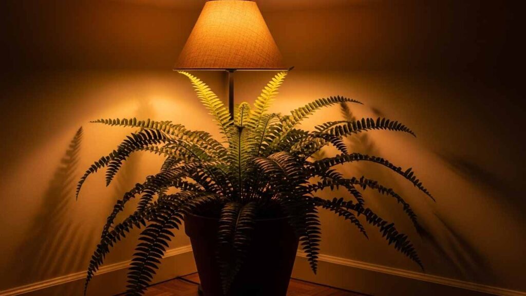 Truque de prompt para gerar samambaia em canto de quarto com luz de abajur ultra realista