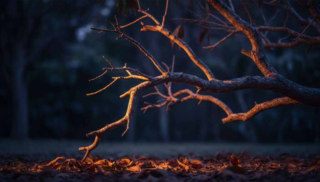 Técnica de luz para destacar galhos secos da Amendoeira (Terminalia catappa)