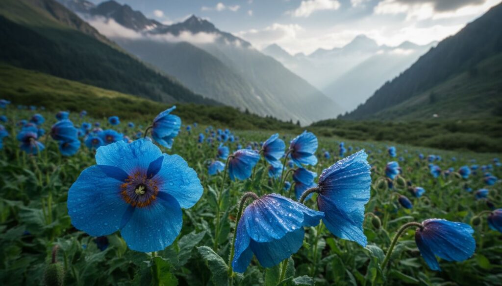 A cor azul quase impossível da Blue Himalayan Poppy nas imagens geradas