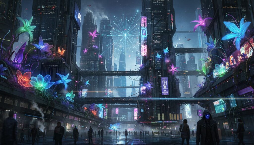 Como criar flores neon em cidades cyberpunk usando IA