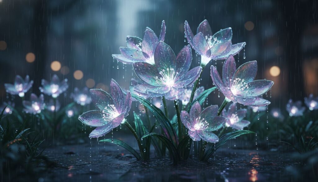 Como criar flores transparentes brilhando na chuva com IA