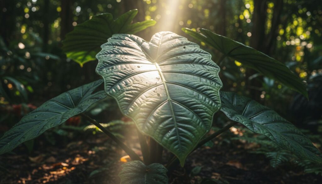 O detalhe de luz que transforma a Alocasia dragon scale em algo quase fotográfico