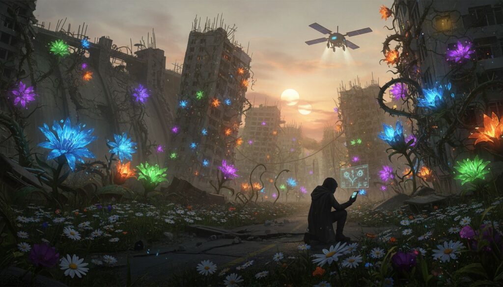 Prompts cinematográficos para criar flores em mundos pós-apocalípticos